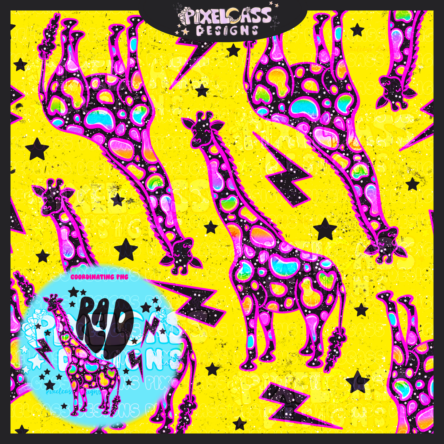 Rad Giraffes Neon Mystery (Seamless + PNG Bundle)